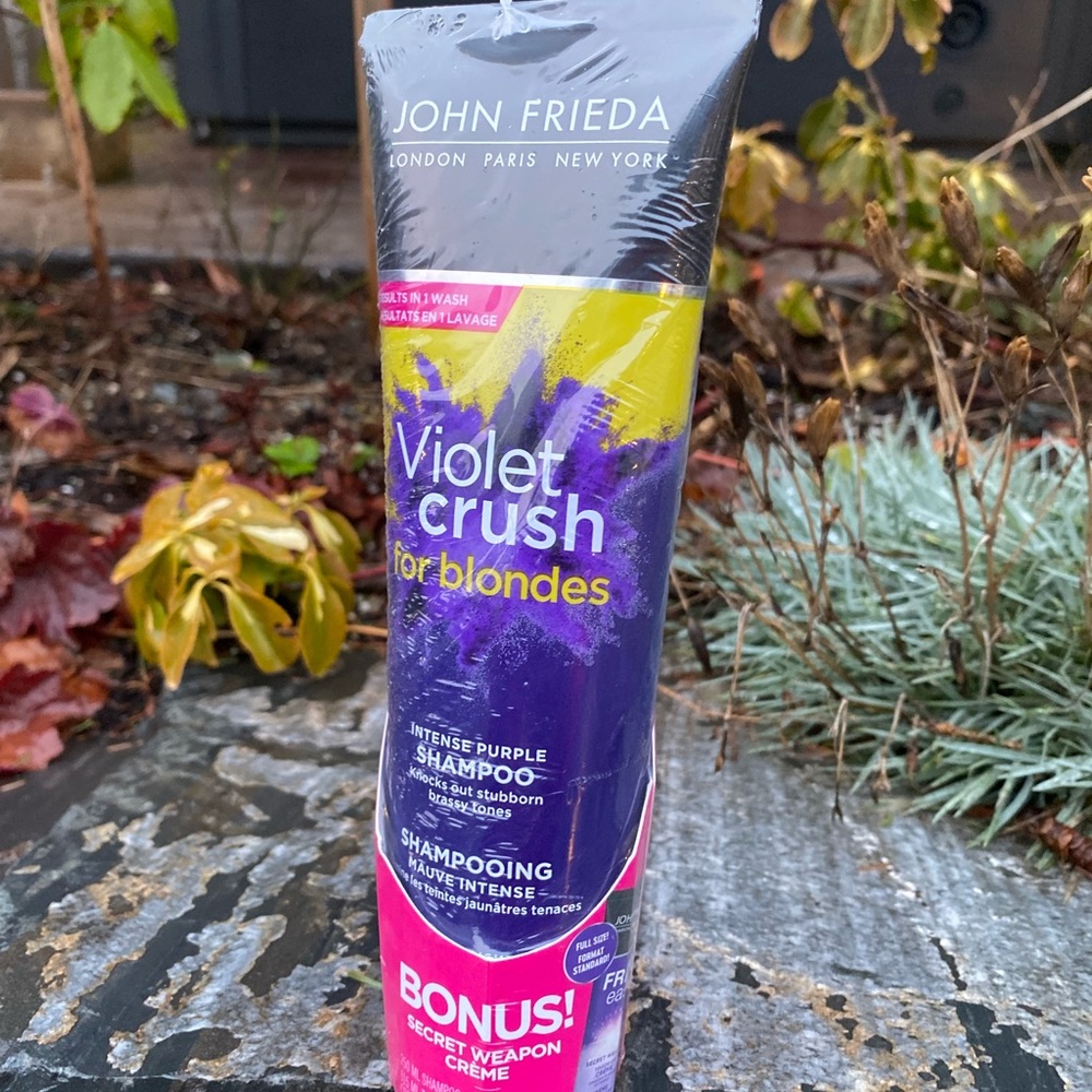 John Frieda Violet Crush Shampoo for Blondes with bonus touch up cream.
